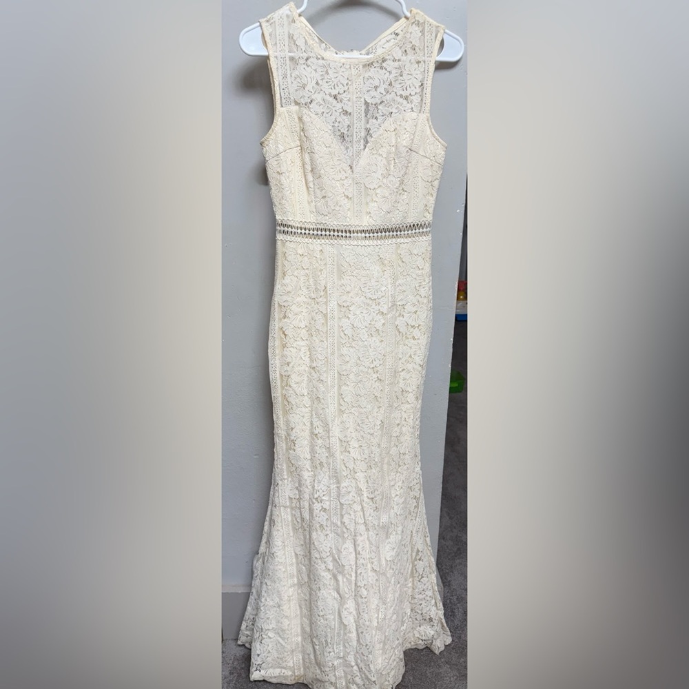 Sleeveless Cream Lace Dress with Sheer Waistband